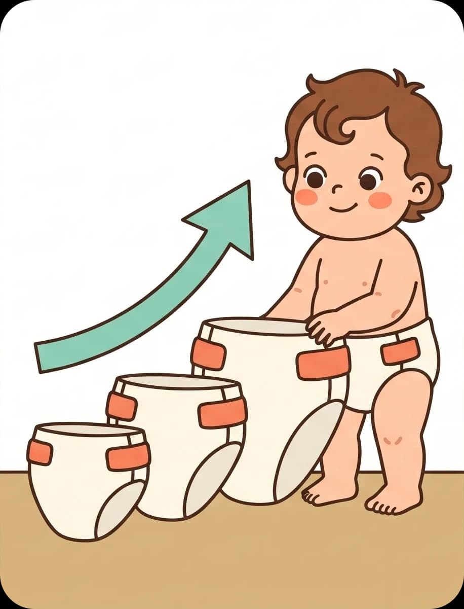 שלושה חיתולים בשלוש מידות עולות, וחץ שמסמן את המעבר למידה הבאה