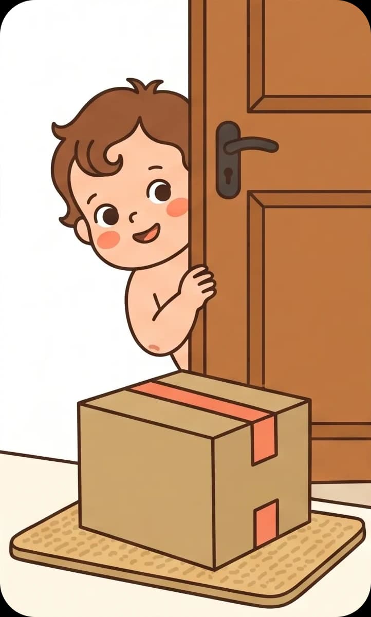 תינוק מציץ מאחורי הדלת אל קופסה סגורה שמחכה על המפתן